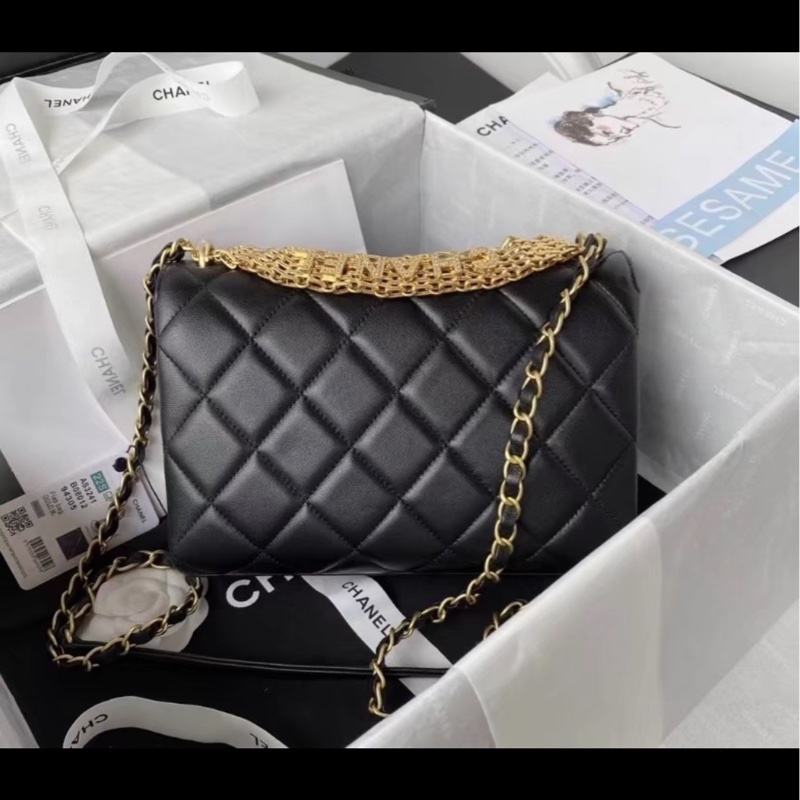 美神駕到❤️‍🔥99新限量🆕Chanel香奈兒黑金水鑽logo字母手柄秀款大號口蓋包鏈條包單肩斜挎包-10