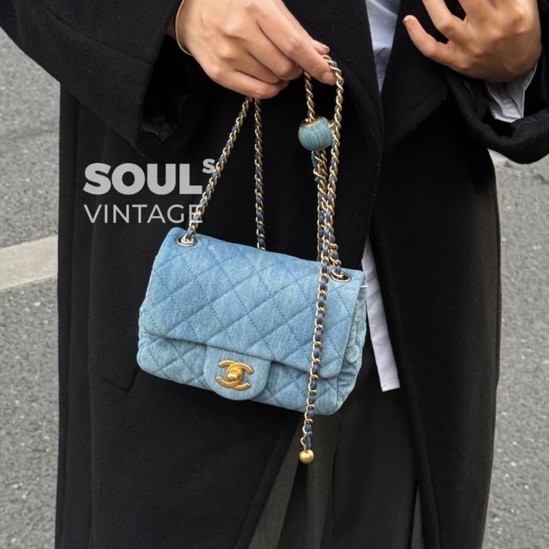 絕版斷貨款🔥99新🆕Chanel香奈兒牛仔單寧金扣金球方胖子單肩斜挎包-3