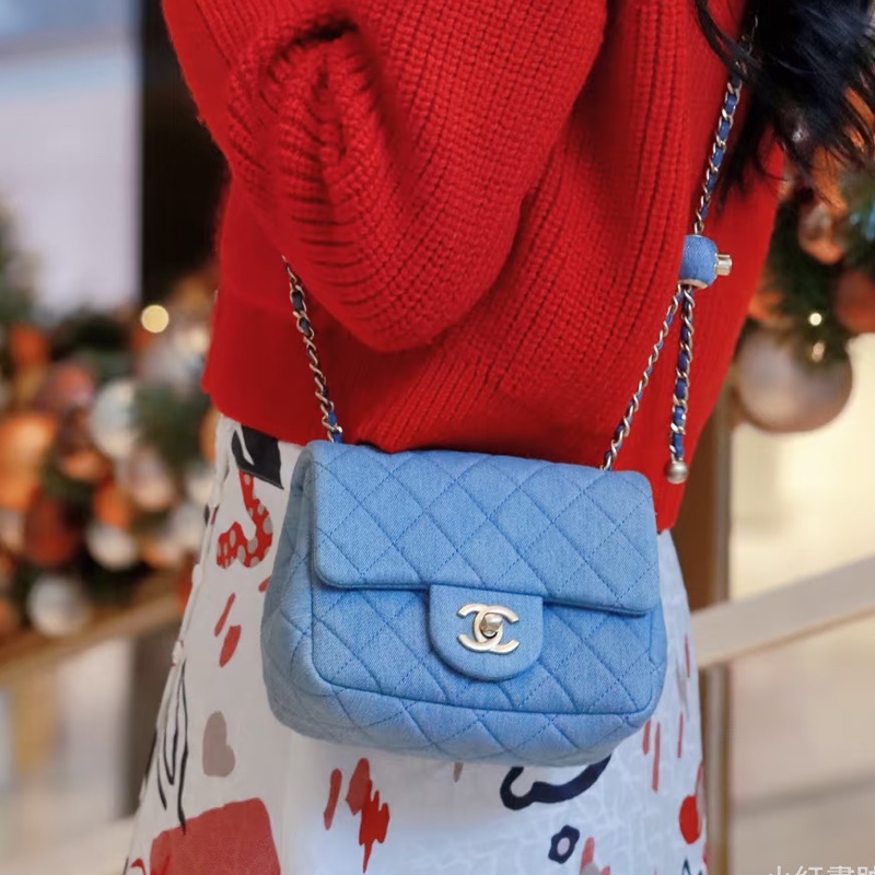 絕版斷貨款🔥99新🆕Chanel香奈兒牛仔單寧金扣金球方胖子單肩斜挎包-4