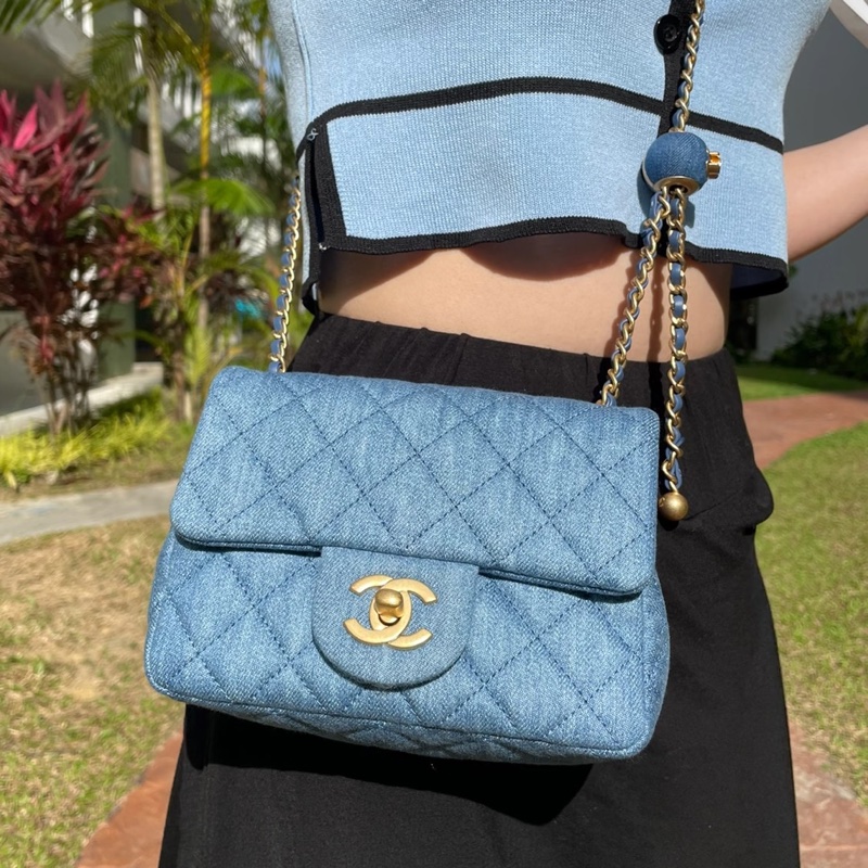 絕版斷貨款🔥99新🆕Chanel香奈兒牛仔單寧金扣金球方胖子單肩斜挎包-5