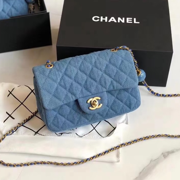 絕版斷貨款🔥99新🆕Chanel香奈兒牛仔單寧金扣金球方胖子單肩斜挎包-6