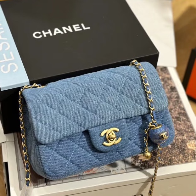 絕版斷貨款🔥99新🆕Chanel香奈兒牛仔單寧金扣金球方胖子單肩斜挎包-7