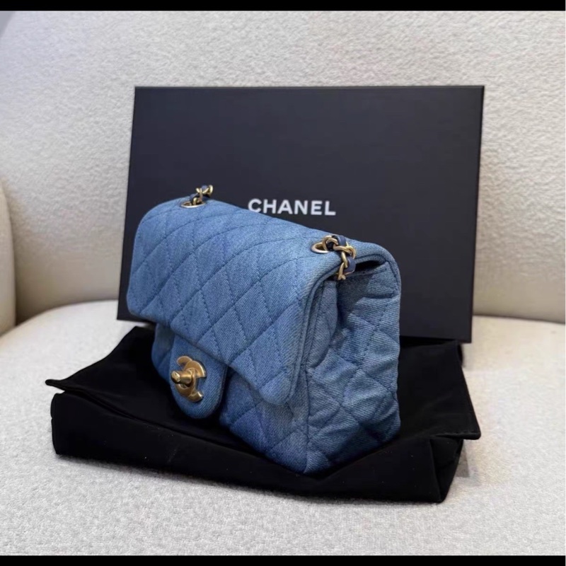 絕版斷貨款🔥99新🆕Chanel香奈兒牛仔單寧金扣金球方胖子單肩斜挎包-9