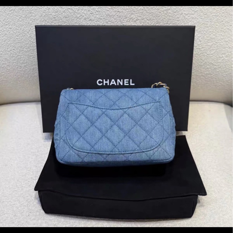 絕版斷貨款🔥99新🆕Chanel香奈兒牛仔單寧金扣金球方胖子單肩斜挎包-11