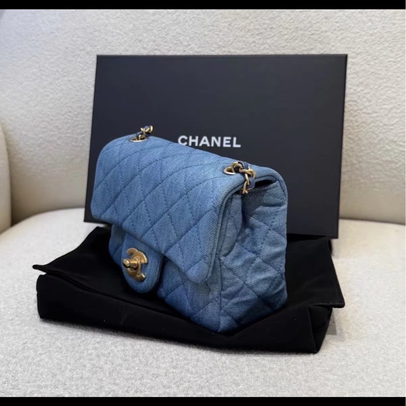 絕版斷貨款🔥99新🆕Chanel香奈兒牛仔單寧金扣金球方胖子單肩斜挎包-12