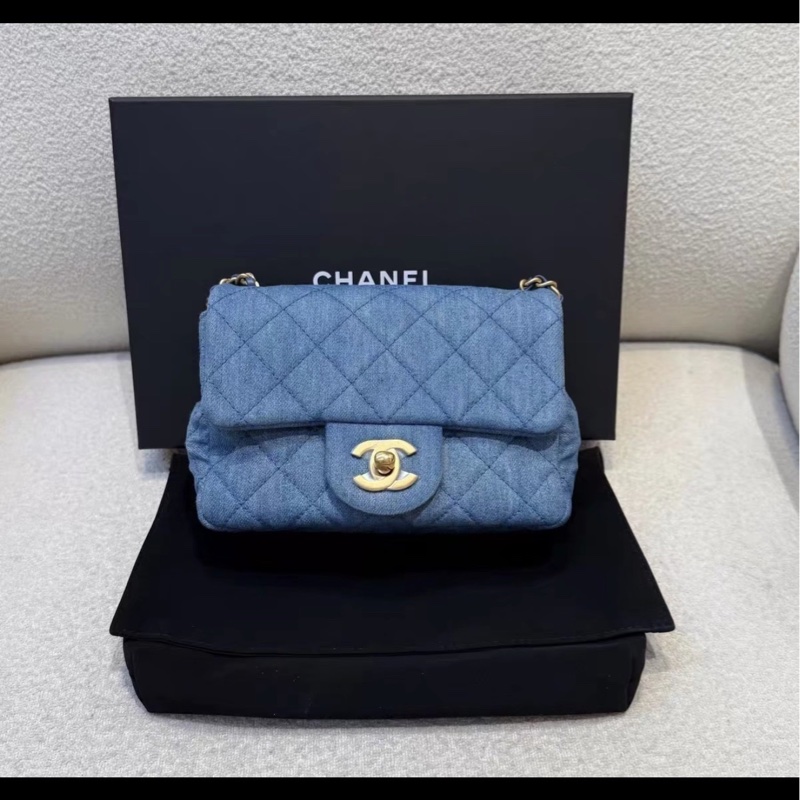 絕版斷貨款🔥99新🆕Chanel香奈兒牛仔單寧金扣金球方胖子單肩斜挎包-13
