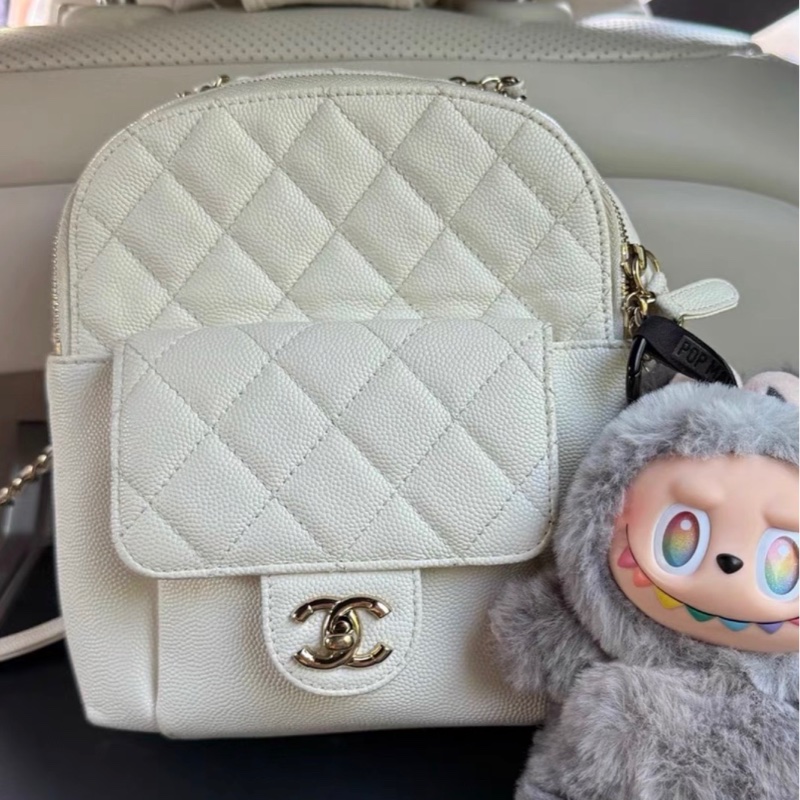 【96新 ✨ 全網最低價！】Chanel 香奈兒 荔枝牛皮雙肩包 白色金扣 有卡-3