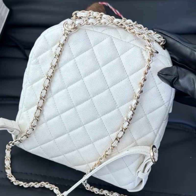 【96新 ✨ 全網最低價！】Chanel 香奈兒 荔枝牛皮雙肩包 白色金扣 有卡-9