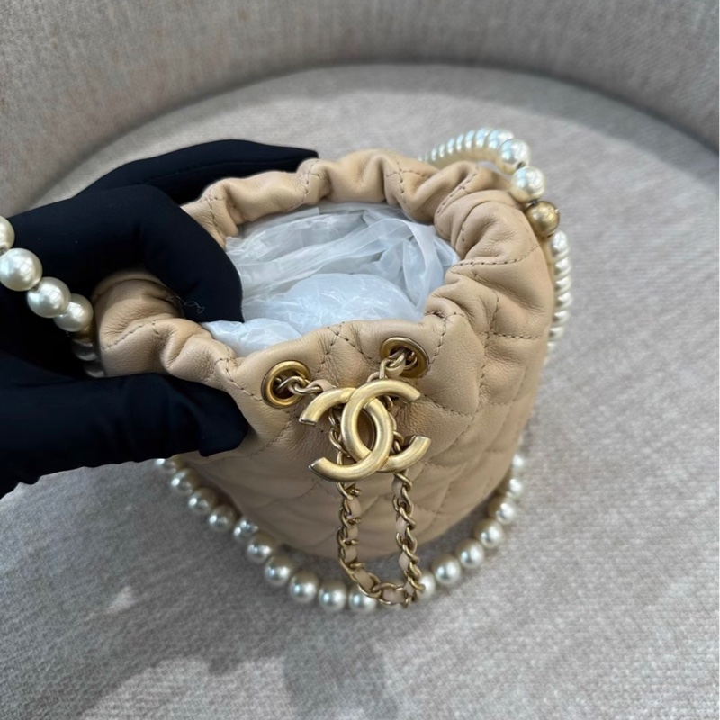 【97新 ✨ 全網最低價！】Chanel香奈兒 mini水桶包 杏色 小羊皮珍珠鏈條-4