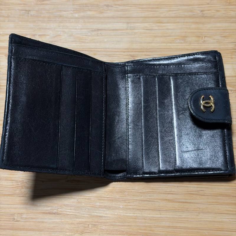 中古二手Chanel雙面小羊皮黑金短夾 1996-1997-4