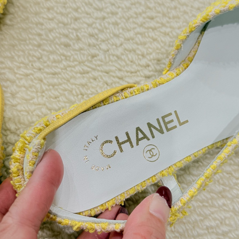 CHAMEL -小雞黃毛呢拼白色尖頭平底涼鞋-10