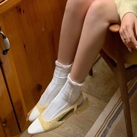 CHAMEL -小雞黃毛呢拼白色尖頭平底涼鞋-2