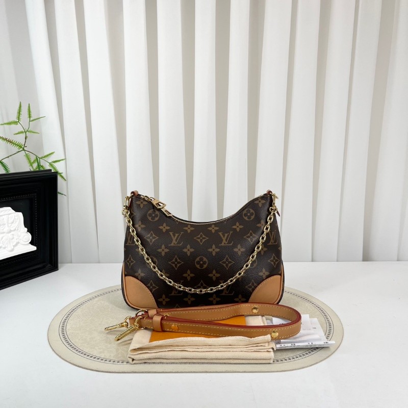 LV路易威登  芯片款 25年6月票 BOULOGNE 手袋 經典棕色老花 塗層帆布拼牛皮革飾邊 黃牛角 鏈條包腋下包斜挎單肩包-0