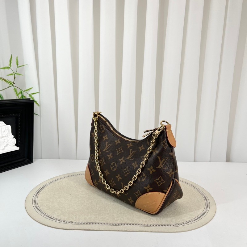 LV路易威登  芯片款 25年6月票 BOULOGNE 手袋 經典棕色老花 塗層帆布拼牛皮革飾邊 黃牛角 鏈條包腋下包斜挎單肩包-2