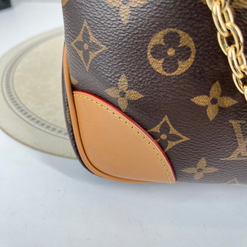 LV路易威登  芯片款 25年6月票 BOULOGNE 手袋 經典棕色老花 塗層帆布拼牛皮革飾邊 黃牛角 鏈條包腋下包斜挎單肩包-8