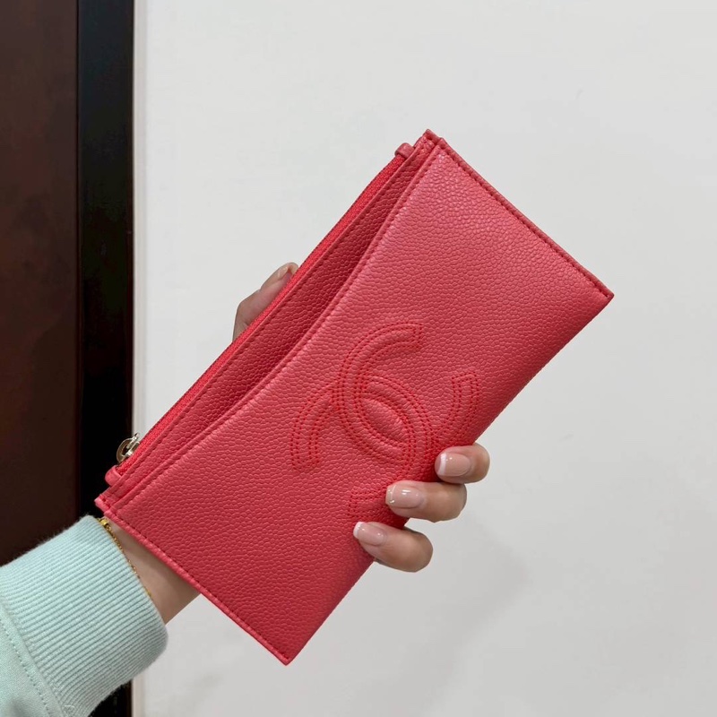 CHANEL 香奈兒 珊瑚紅 扁長夾 卡包 皮夾 皮夾 長夾 零錢包 錢包 信用卡卡夾-0
