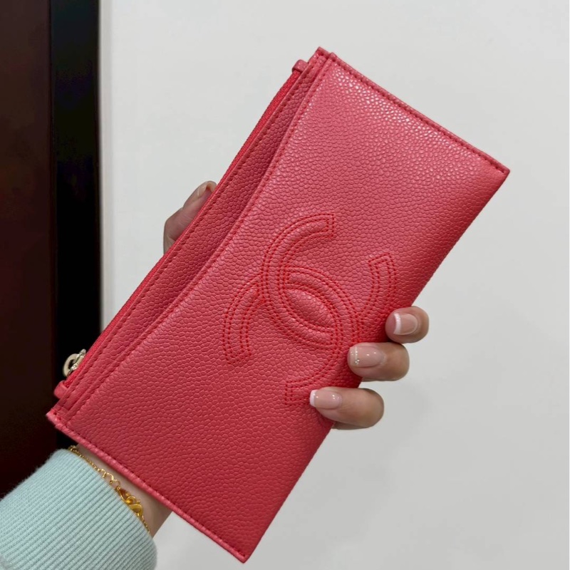 CHANEL 香奈兒 珊瑚紅 扁長夾 卡包 皮夾 皮夾 長夾 零錢包 錢包 信用卡卡夾-1