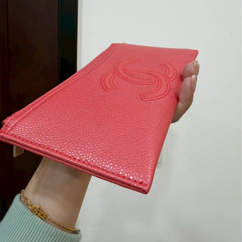 CHANEL 香奈兒 珊瑚紅 扁長夾 卡包 皮夾 皮夾 長夾 零錢包 錢包 信用卡卡夾-3