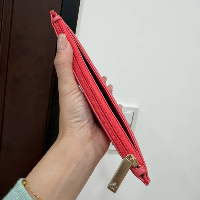 CHANEL 香奈兒 珊瑚紅 扁長夾 卡包 皮夾 皮夾 長夾 零錢包 錢包 信用卡卡夾-5