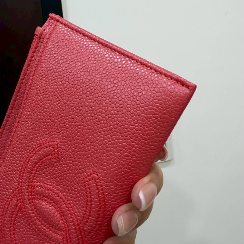 CHANEL 香奈兒 珊瑚紅 扁長夾 卡包 皮夾 皮夾 長夾 零錢包 錢包 信用卡卡夾-6