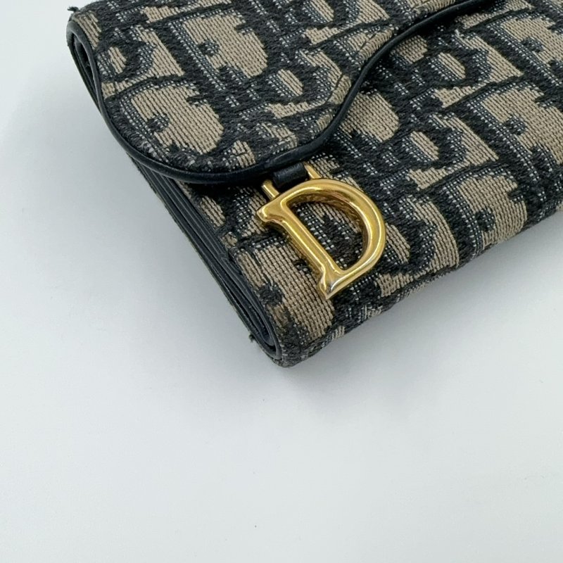 Dior藍緹花Saddle金釦三折短夾-12