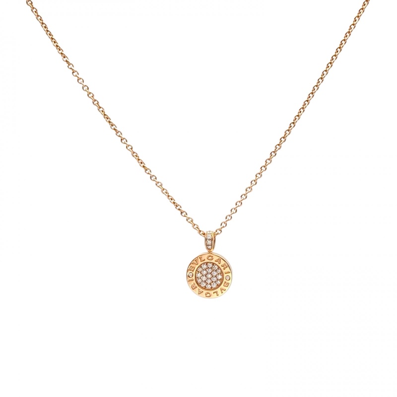 BVLGARI 18K玫瑰金鑽石寶格麗綠翡翠滿鑽雙面項鏈-0