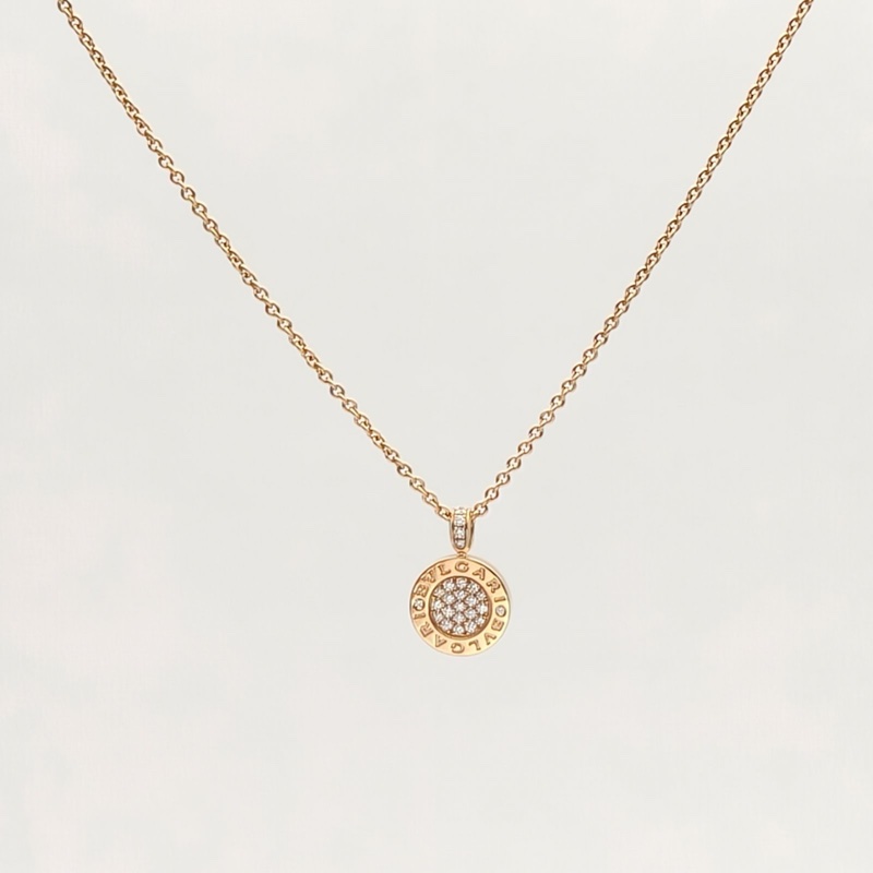 BVLGARI 18K玫瑰金鑽石寶格麗綠翡翠滿鑽雙面項鏈-1