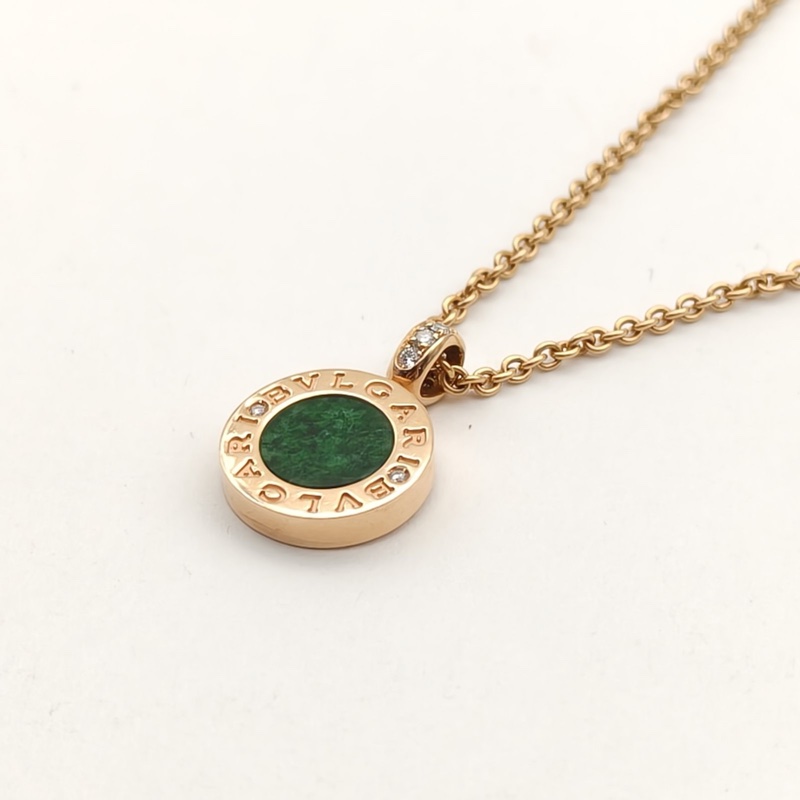 BVLGARI 18K玫瑰金鑽石寶格麗綠翡翠滿鑽雙面項鏈-3