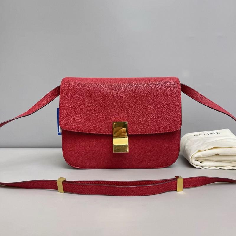 Celine賽琳Classic Box中號紅金荔枝紋豆腐包-0