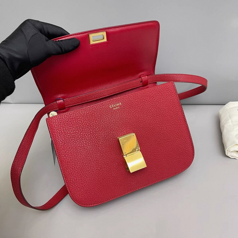 Celine賽琳Classic Box中號紅金荔枝紋豆腐包-6
