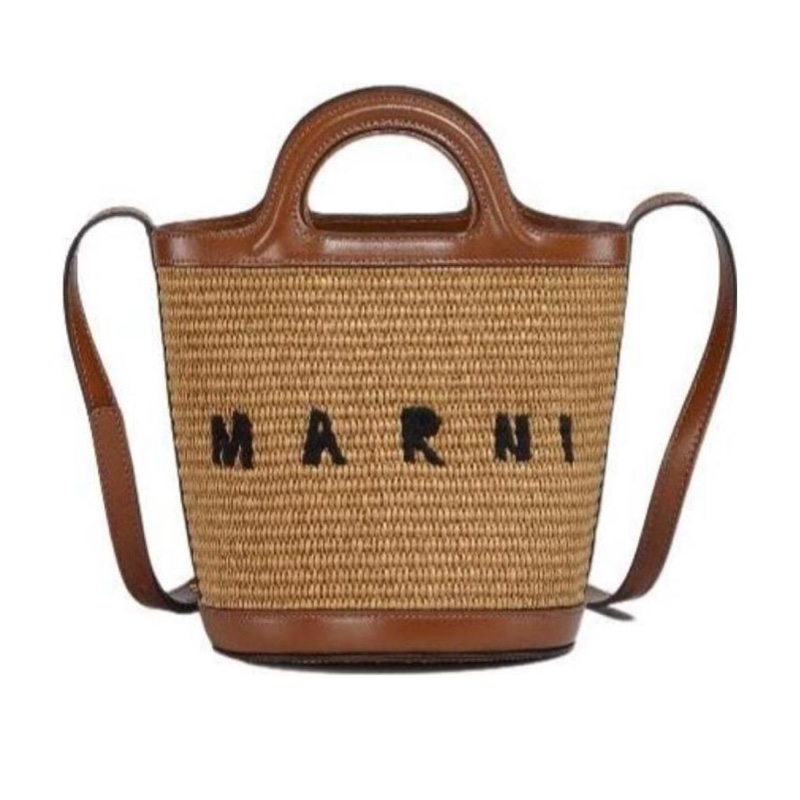Marni 女士 Tropicalia 織物拼牛皮籃子單肩包均碼碼常規、18cm*17cm*18cm-0