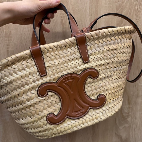 Celine 拉菲草編織棕牛皮手提肩背草編包194002CGG