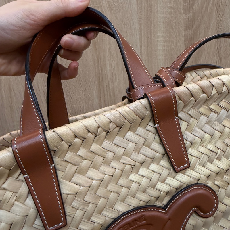 Celine 拉菲草編織棕牛皮手提肩背草編包194002CGG-2