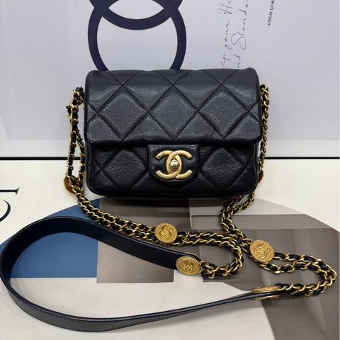 Chanel 牛皮荔枝纹 金币链条方胖子