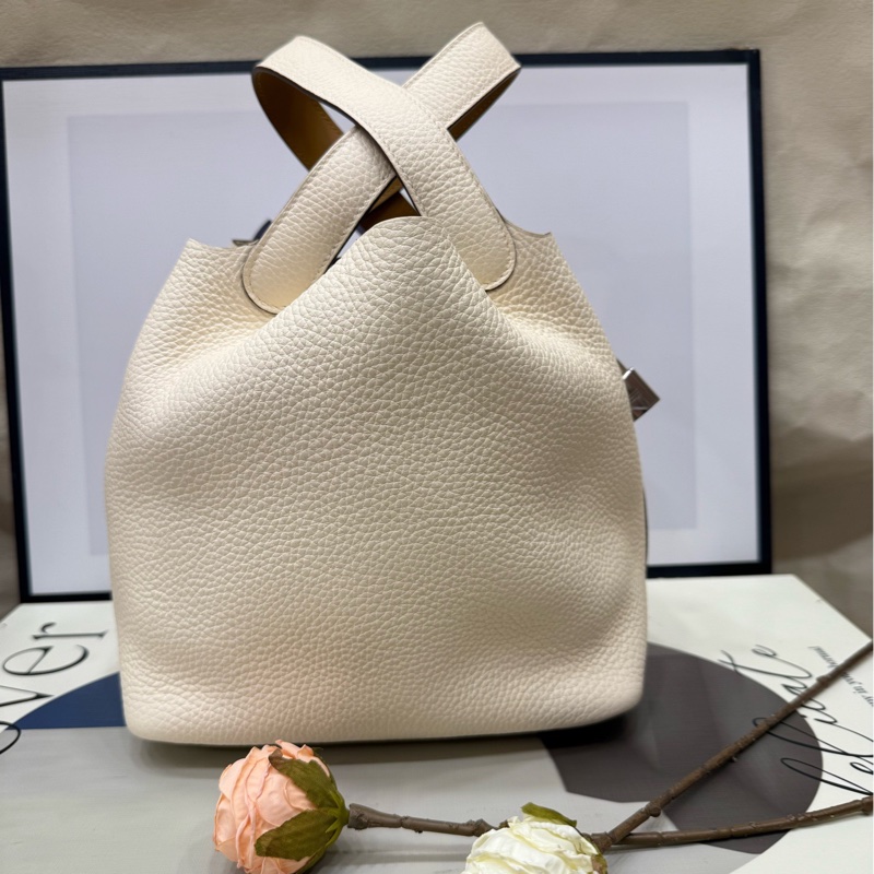 Hermes 爱马仕 奶油白内拼芝麻色 菜篮子22 Z刻 闲置-0