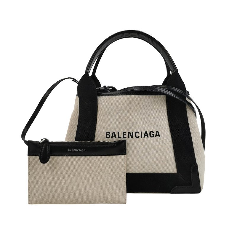 Balenciaga Navy Cabas加小號牛皮帆布字母Logo加固邊飾子母包斜挎包單肩包-0