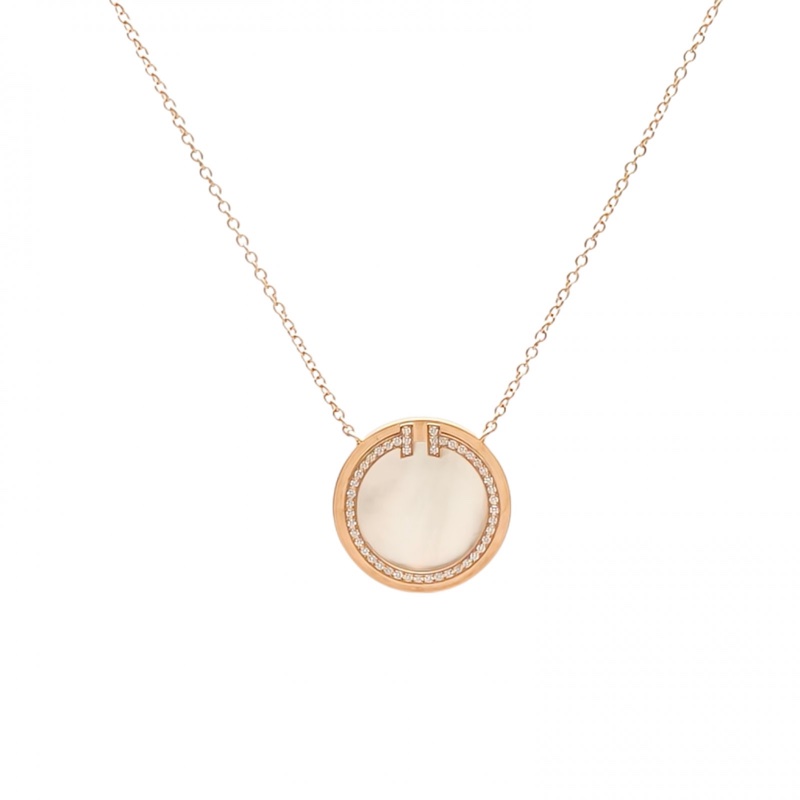 TIFFANY&CO 18K玫瑰金鑽石白貝母T系列圓餅鑲鑽項鏈大號-0