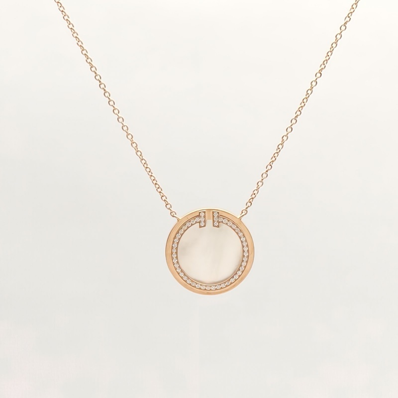 TIFFANY&CO 18K玫瑰金鑽石白貝母T系列圓餅鑲鑽項鏈大號-1