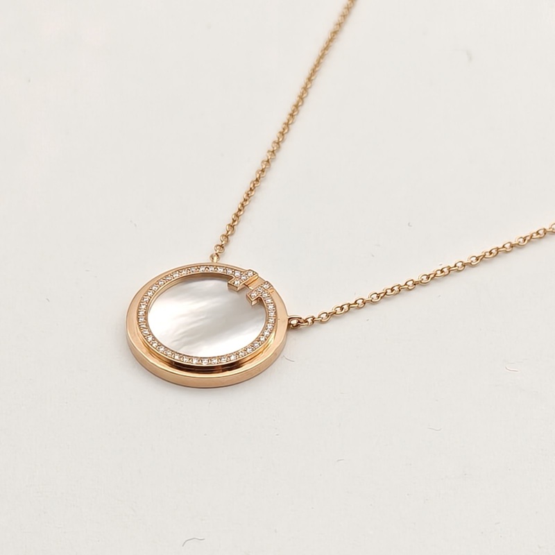 TIFFANY&CO 18K玫瑰金鑽石白貝母T系列圓餅鑲鑽項鏈大號-2