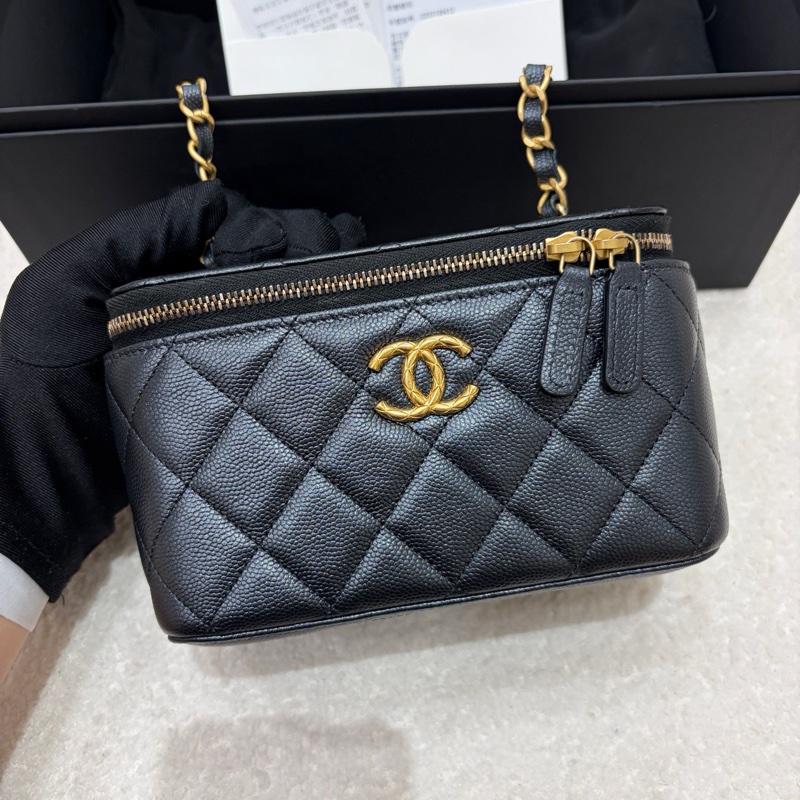 閒置新 有票❤️香奈兒Chanel 黑金荔枝牛皮長盒子-10