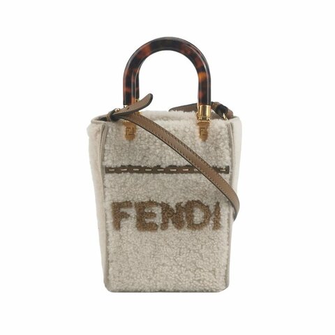 Fendi Sunshine迷你牛皮拼色毛絨字母Logo斜挎包