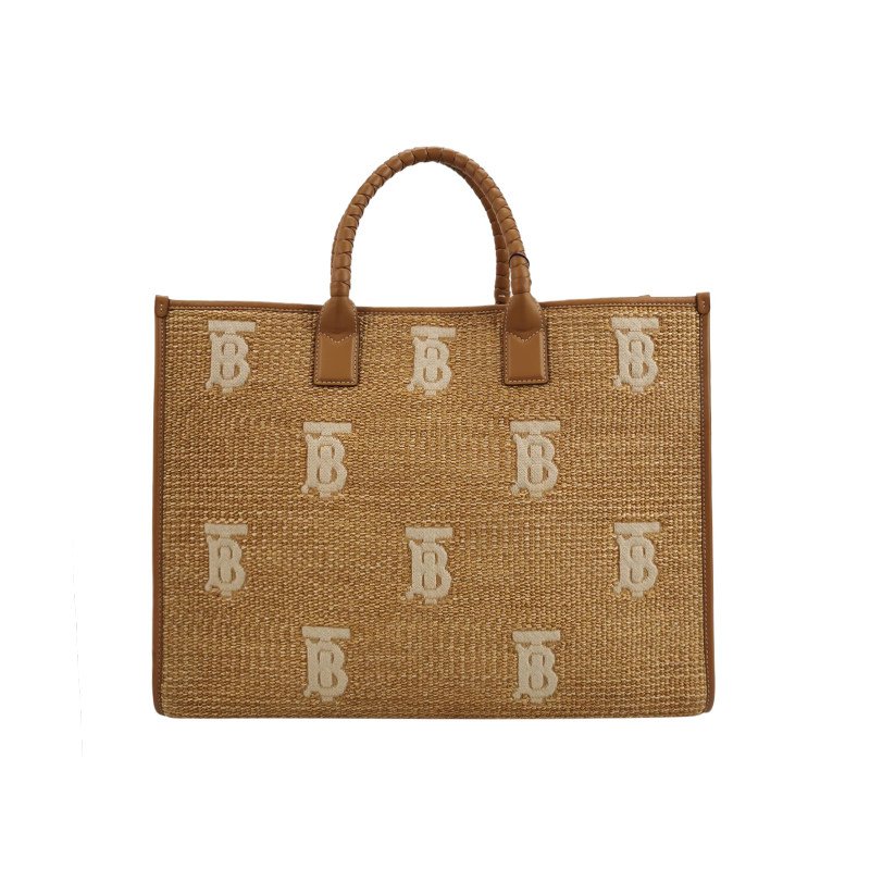 Burberry Freya 大號牛皮編織包身TB標識圖案手提包-0