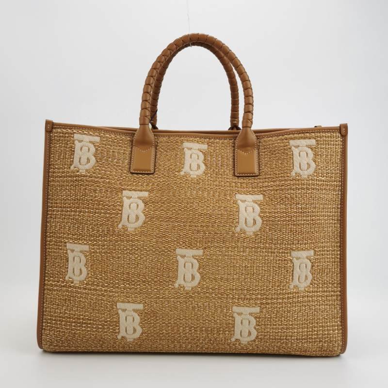 Burberry Freya 大號牛皮編織包身TB標識圖案手提包-4