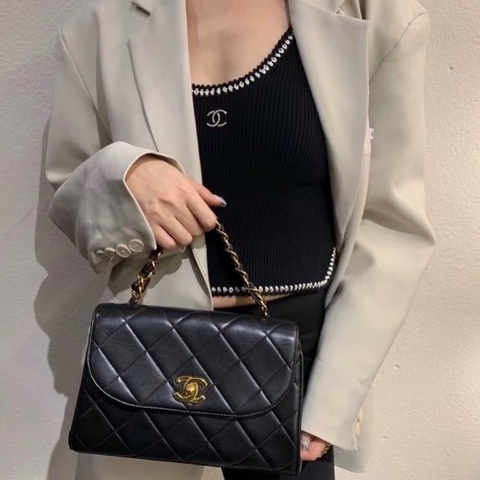 Chanel 中古黑金羊皮minikelly 絕版vintage手提包 25*15 98新配件塵袋