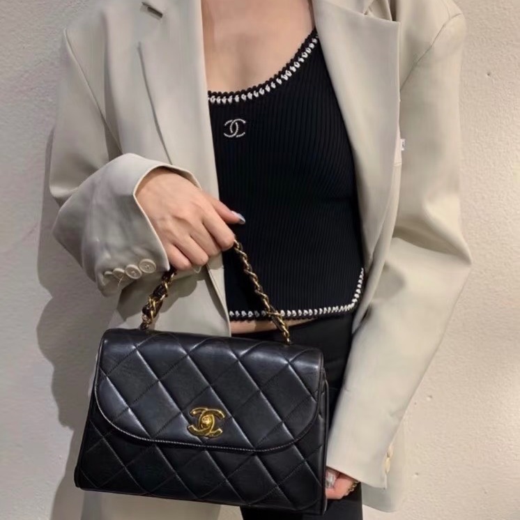 Chanel 中古黑金羊皮minikelly 絕版vintage手提包 25*15 98新配件塵袋-0