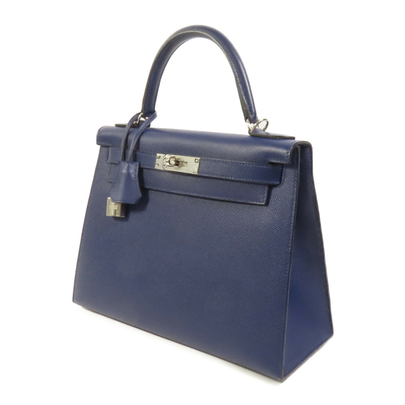 HERMES Epsom皮革Kelly 28銀扣手挽肩背兩用袋Bleu Saphir-2