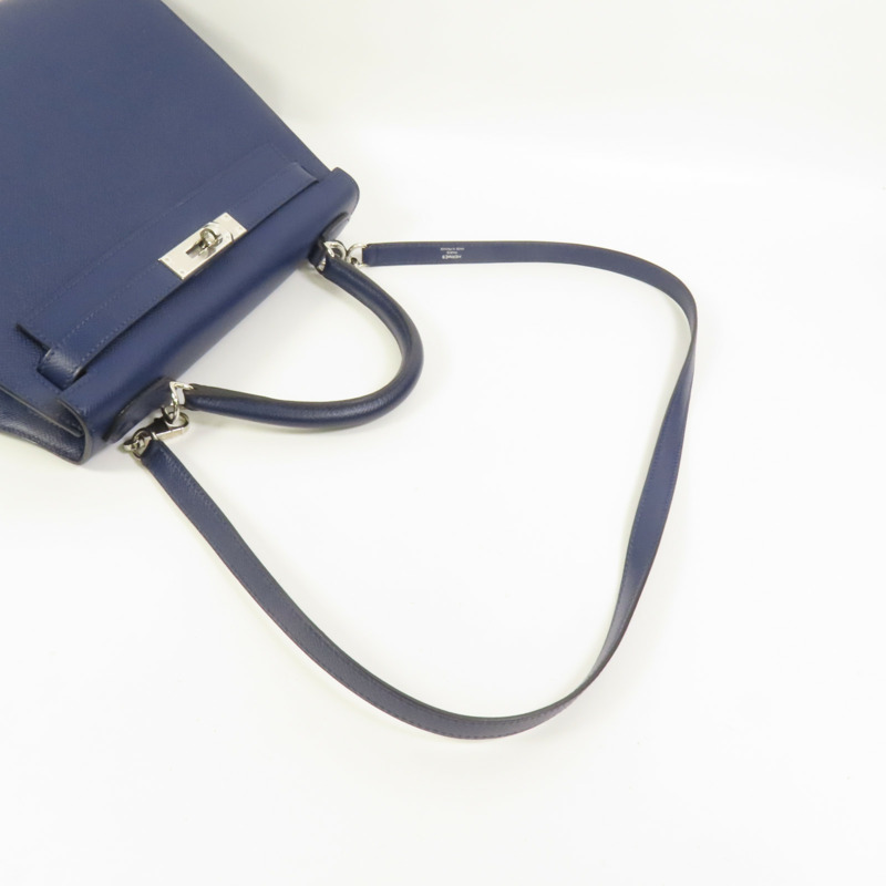HERMES Epsom皮革Kelly 28銀扣手挽肩背兩用袋Bleu Saphir-5