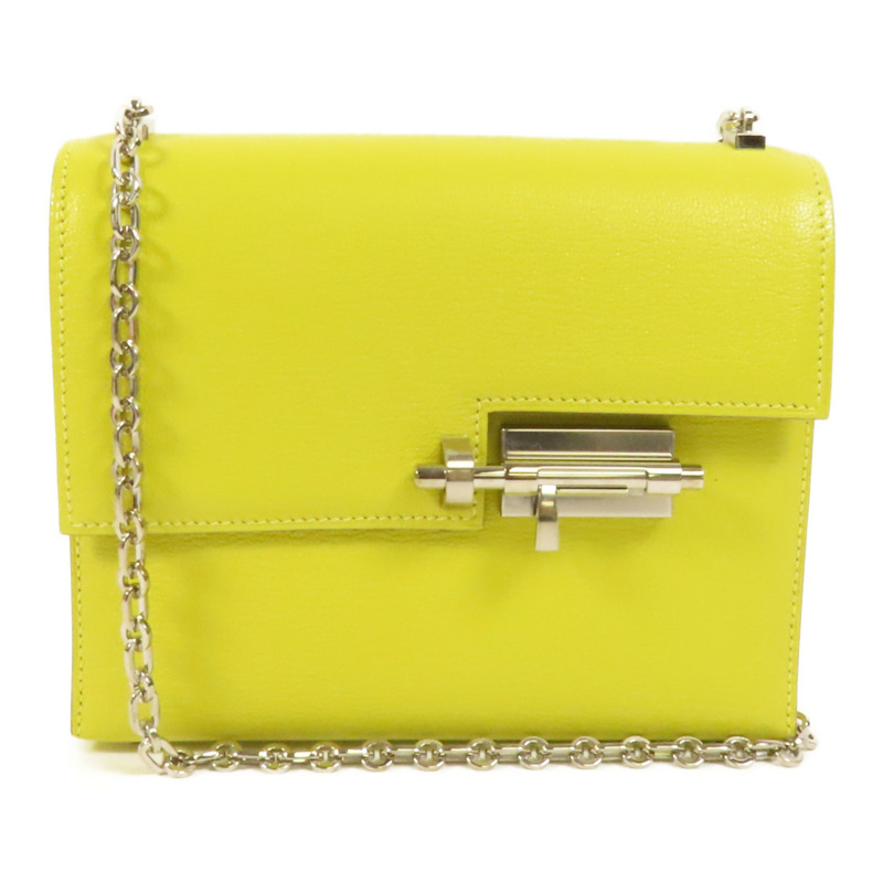 HERMES Chevre皮革Verrou Mini銀扣鏈帶肩背袋Lime-0