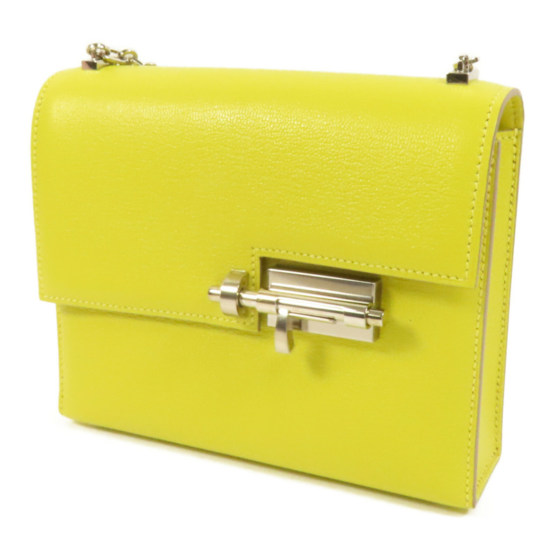 HERMES Chevre皮革Verrou Mini銀扣鏈帶肩背袋Lime-2