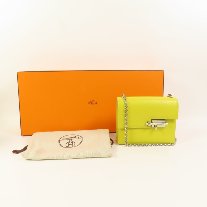HERMES Chevre皮革Verrou Mini銀扣鏈帶肩背袋Lime-9